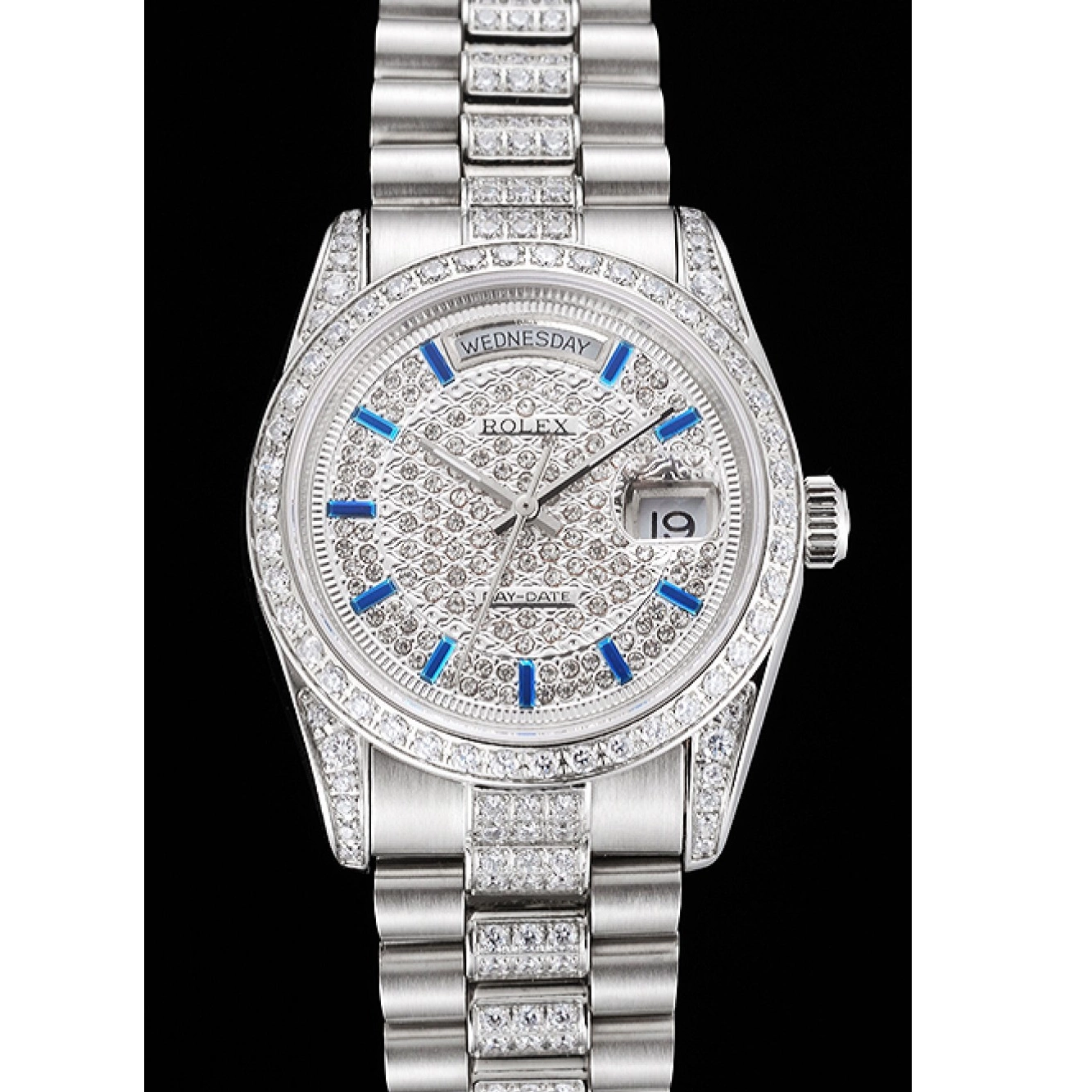 Aaa fake watches And Diamond Bracelet And Bezel Rolex Dial Day Steel Stainless Swiss Pave Date 0524